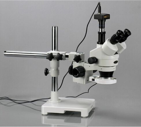 AmScope SM-3T-54S-5M مجهر تكبير ستيريو رقمي احترافي ثلاثي العينيات، عدسات WH10x، تكبير 7X-45X، هدف تكبير 0.7X-4.5X، ضوء LED 54 لمبة، حامل ذراع واحد، 110 فولت - 240 فولت، يتضمن كاميرا 5 ميجابكسل مع عدسة التخفيض والبرمجيات in Saudi Arabia
