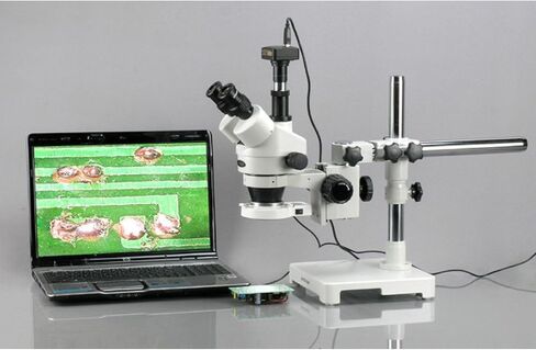 AmScope SM-3T-54S-5M مجهر تكبير ستيريو رقمي احترافي ثلاثي العينيات، عدسات WH10x، تكبير 7X-45X، هدف تكبير 0.7X-4.5X، ضوء LED 54 لمبة، حامل ذراع واحد، 110 فولت - 240 فولت، يتضمن كاميرا 5 ميجابكسل مع عدسة التخفيض والبرمجيات in Saudi Arabia