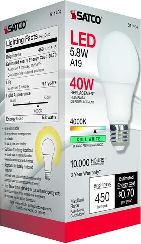 لمبة إضاءة Satco 11403 Econo LED A19، استبدال 40 وات، 3000 كلفن أبيض دافئ، 450 لومن (عبوة من قطعتين) in Kuwait