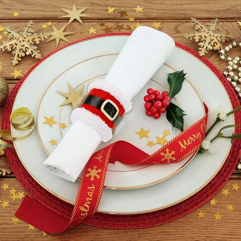 Leinuosen 10 Pieces Christmas Napkin Rings Holders Napkin Band with Santa Belt Design for Party Dinner Table Decoration in Kuwait