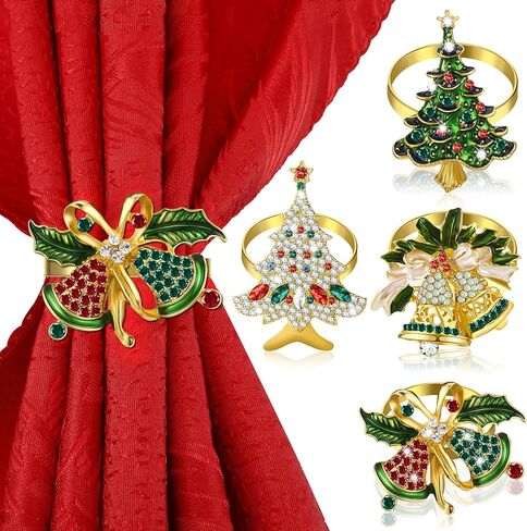 Christmas Napkin Rings Christmas Tree Napkin Ring Xmas Bell Napkin Ring Xmas Napkin Holder Metal Rhinestone Napkin Ring Serviette Buckle for Christmas Holiday Party Dinner Table Decor (Classic, 4 Pcs) in Kuwait