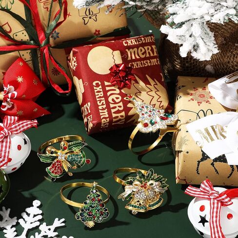 Christmas Napkin Rings Christmas Tree Napkin Ring Xmas Bell Napkin Ring Xmas Napkin Holder Metal Rhinestone Napkin Ring Serviette Buckle for Christmas Holiday Party Dinner Table Decor (Classic, 4 Pcs) in Kuwait