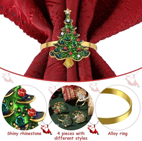 Christmas Napkin Rings Christmas Tree Napkin Ring Xmas Bell Napkin Ring Xmas Napkin Holder Metal Rhinestone Napkin Ring Serviette Buckle for Christmas Holiday Party Dinner Table Decor (Classic, 4 Pcs) in Kuwait
