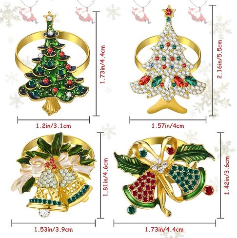 Christmas Napkin Rings Christmas Tree Napkin Ring Xmas Bell Napkin Ring Xmas Napkin Holder Metal Rhinestone Napkin Ring Serviette Buckle for Christmas Holiday Party Dinner Table Decor (Classic, 4 Pcs) in Kuwait