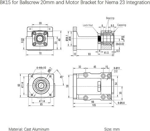 Coavoo Motor Mounting Bracket and BK15 Bearing End Support Block for Nema 23 Stepper Motor and Ball Screw 20mm Ballscrew SFU2004 SFU2005 SFU2010 as CNC Kit Parts in Saudi Arabia