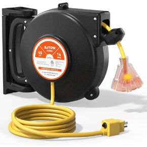 addlon 45FT Retractable Extension Cord Reel with 180° Detachable Swivel Bracket, 14 AWG Lighted Triple Tap Heavy Duty Power Cord with 5FT Lead in&Circuit Breaker, Quick Garage Ceiling Wall Mount, ETL in Kuwait