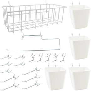 Pegboard Basket Cups, Paper Towel Holder, Peg Board Hooks, Tray Rack 1/8" & 1/4" Pegboard Wall Organizer Accessories, 21 Pack Utility Holders & Hangers for Workbench Craft Workshop Kitchen Paint