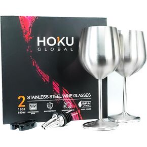 Hoku Global كأس نبيذ معدني للمناسبات الخارجية والسهرات والشرب بجانب حمام السباحة | مجموعة من 2 كؤوس نبيذ أنيقة من الفولاذ المقاوم للصدأ | كأس نبيذ غير قابل للكسر مع قطاعة رقائق معدنية وصب النبيذ | 18 أوقية in Kuwait
