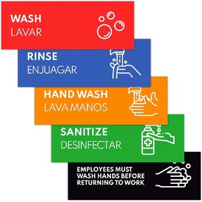 ملصقات حوض الشطف والتعقيم (2 × 7 بوصة) - 6 × شطف وتطهير، 2 × لافتة غسيل يدوي فقط، 4 × لافتة يجب على الموظفين غسل أيديهم - 3 لافتات حوض للمطعم، شاحنة الطعام، المطبخ التجاري in Kuwait