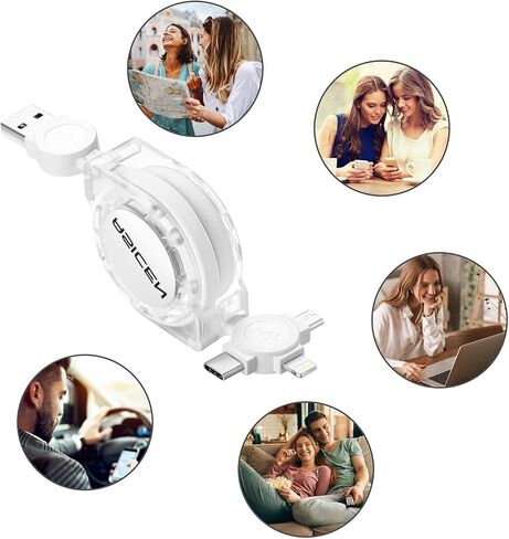 Multi Fast Charging Cable 2Pack Retractable Charger Cable 3.3ft 3-in-1 USB Charge Cord with Lightning/Type C/Micro USB Ports for iPhone/Samsung Galaxy/Huawei/LG/OnePlus/Google/Nokia in Kuwait