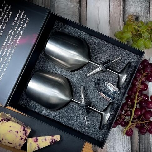 Hoku Global كأس نبيذ معدني للمناسبات الخارجية والسهرات والشرب بجانب حمام السباحة | مجموعة من 2 كؤوس نبيذ أنيقة من الفولاذ المقاوم للصدأ | كأس نبيذ غير قابل للكسر مع قطاعة رقائق معدنية وصب النبيذ | 18 أوقية in Kuwait