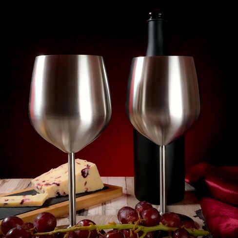 Hoku Global كأس نبيذ معدني للمناسبات الخارجية والسهرات والشرب بجانب حمام السباحة | مجموعة من 2 كؤوس نبيذ أنيقة من الفولاذ المقاوم للصدأ | كأس نبيذ غير قابل للكسر مع قطاعة رقائق معدنية وصب النبيذ | 18 أوقية in Kuwait