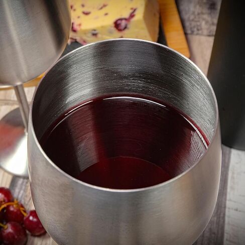 Hoku Global كأس نبيذ معدني للمناسبات الخارجية والسهرات والشرب بجانب حمام السباحة | مجموعة من 2 كؤوس نبيذ أنيقة من الفولاذ المقاوم للصدأ | كأس نبيذ غير قابل للكسر مع قطاعة رقائق معدنية وصب النبيذ | 18 أوقية in Kuwait