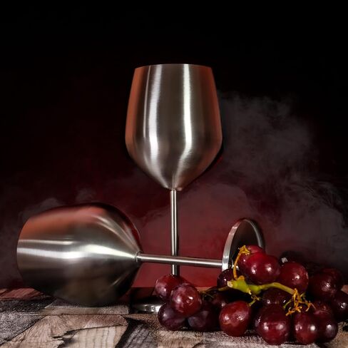 Hoku Global كأس نبيذ معدني للمناسبات الخارجية والسهرات والشرب بجانب حمام السباحة | مجموعة من 2 كؤوس نبيذ أنيقة من الفولاذ المقاوم للصدأ | كأس نبيذ غير قابل للكسر مع قطاعة رقائق معدنية وصب النبيذ | 18 أوقية in Kuwait