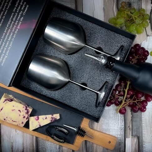 Hoku Global كأس نبيذ معدني للمناسبات الخارجية والسهرات والشرب بجانب حمام السباحة | مجموعة من 2 كؤوس نبيذ أنيقة من الفولاذ المقاوم للصدأ | كأس نبيذ غير قابل للكسر مع قطاعة رقائق معدنية وصب النبيذ | 18 أوقية in Kuwait