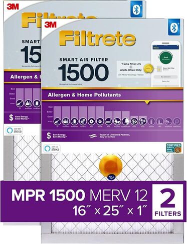 Filtrete 16x25x1 Smart Air Filter, MPR 1500 MERV 12, 1-Inch Allergen, Bacteria and Virus Air Filters for ACs and Furnaces, 2 Filters in Kuwait