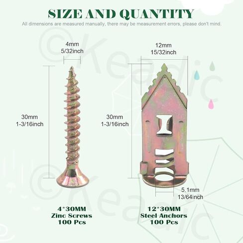 Keadic 200 Pieces 12 x 30mm Drywall Self-Drilling Anchors with Screws Kit, No Drill or Holes in Wall, Hangs up to 66 lbs in Saudi Arabia