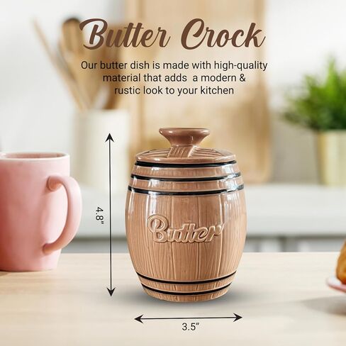 Butter Crock - Ceramic Butter Holder Holds 1/2 Cup of Butter - Fresh & Soft Butter Keeper - Unique & Rustic Look Butter Container - Dishwasher Safe & Easy to Clean French Butter Crock - 4.8" x 3.5" in Kuwait