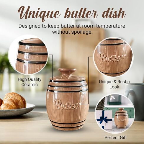 Butter Crock - Ceramic Butter Holder Holds 1/2 Cup of Butter - Fresh & Soft Butter Keeper - Unique & Rustic Look Butter Container - Dishwasher Safe & Easy to Clean French Butter Crock - 4.8" x 3.5" in Kuwait