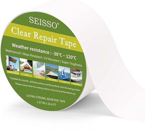 شريط إصلاح شفاف من SEISSO، شريط إصلاح من الفينيل مقاوم للماء من القماش لخيم المظلات RV يغطي القماش ومظلات القوارب الشراعية للتخييم - 16.34 قدم × 1.97 بوصة، لفة واحدة in Kuwait