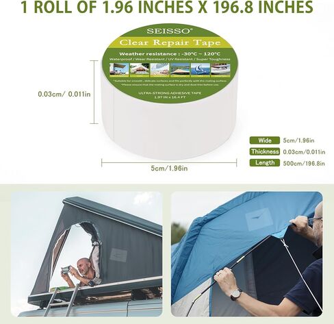 شريط إصلاح شفاف من SEISSO، شريط إصلاح من الفينيل مقاوم للماء من القماش لخيم المظلات RV يغطي القماش ومظلات القوارب الشراعية للتخييم - 16.34 قدم × 1.97 بوصة، لفة واحدة in Kuwait