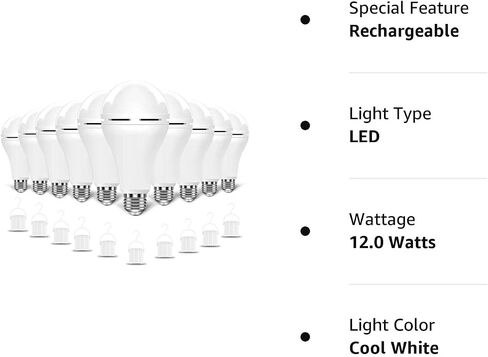 BoRccdit 10PK LED Light Bulb Emergency-Rechargeable-Light-Bulbs Keep Lighting During Power Outage 12W 6500K LED 65W Equivalent Light Bulbs 1200 mAh Battery Backup Light Bulbs for Home Power Failure in Saudi Arabia