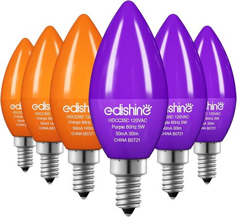 EDISHINE لمبة إضاءة أرجوانية قابلة للتعتيم، مصابيح شمعدان C35 E12، ما يعادل 60 واط، لمبة ثريا LED، لمبة إضاءة شمعة عتيقة، إضاءة زخرفية للهالوين، عيد الميلاد، الحفلات، الشرفة، 6 عبوات in Kuwait