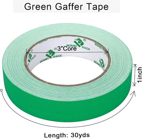 شريط BOMEI PACK Green Gaffer، غير لامع غير عاكس، 1 بوصة × 30 ياردة بدون بقايا شريط لاصق ذاتي اللصق للتسمية والكابلات والمسرح واستوديو الصور والرسامين وإصلاح القنوات، عبوة واحدة in Kuwait