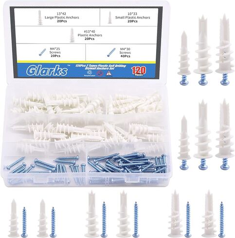 Glarks 120Pcs 2 Types Plastic Self Drilling Drywall Anchors, Reinforced Nylon Self-Drilling Anchors with Screws Kit for Hanging Items in Kuwait