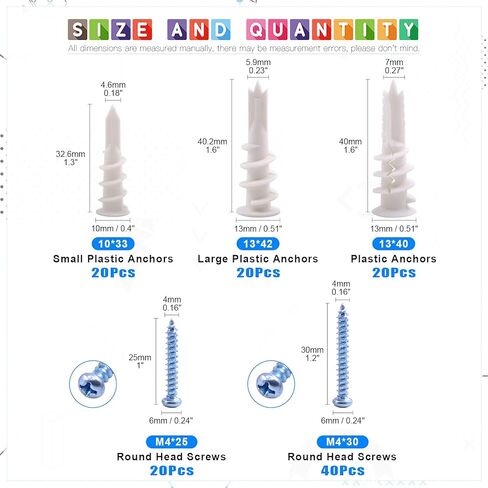 Glarks 120Pcs 2 Types Plastic Self Drilling Drywall Anchors, Reinforced Nylon Self-Drilling Anchors with Screws Kit for Hanging Items in Kuwait