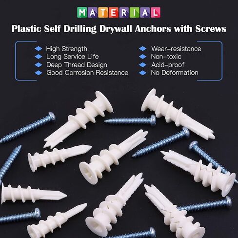 Glarks 120Pcs 2 Types Plastic Self Drilling Drywall Anchors, Reinforced Nylon Self-Drilling Anchors with Screws Kit for Hanging Items in Kuwait