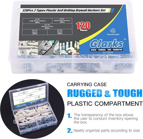 Glarks 120Pcs 2 Types Plastic Self Drilling Drywall Anchors, Reinforced Nylon Self-Drilling Anchors with Screws Kit for Hanging Items in Kuwait