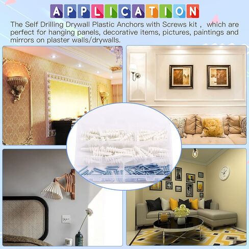 Glarks 120Pcs 2 Types Plastic Self Drilling Drywall Anchors, Reinforced Nylon Self-Drilling Anchors with Screws Kit for Hanging Items in Kuwait