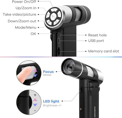 اندوستار مجهر رقمي AD203 80-200X USB 1080P مع جيب بطاقة SD 32GB مجهر الكتروني للاطفال والكبار، ادوات مراقبة خارجية (اسود) in Kuwait