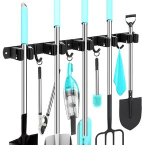 حامل مكنسة يثبت على الحائط ، 5 فتحات 4 خطاطيف أسود ستانلس ستيل مقشة المنظم جدار جبل الممسحة وحامل مكنسة معلق على الحائط الثقيلة ، مكنسة شماعات ذاتية اللصق ، رفوف تخزين المنزل - باب الخزانة in Kuwait