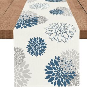 Blue Gray Table Runner Dahlia Pinnata Flower Beige Table Runners Modern Elegant Pompon Farmhouse Geometric Table Center Decor for Home Dining Party Entrance (13 x 36 Inch)