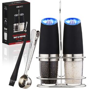 (2 Pack) Gravity Electric Salt and Pepper Grinder Set Battery Operated One Hand Automatic Operation, Adjustable Coarseness Mill Grinders Shakers LED Light, Kitchen Gadgets Gifts-Black