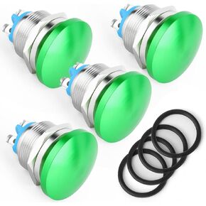 QCQIANG 4pcs 22mm Waterproof Momentary Green Mushroom Head Push Button Switch, 3A/3V-220V Screw Feet Wiring