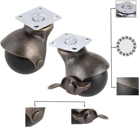Ball Caster Wheel [Set of 4] for Furniture [1.5 Inch], Antique Swivel Caster With Top Plate [2 with Brakes 2 No Brakes] [360 Degree Rotated] [Smooth and Quite] [Ball Bearing] [Polyurethane] in Saudi Arabia