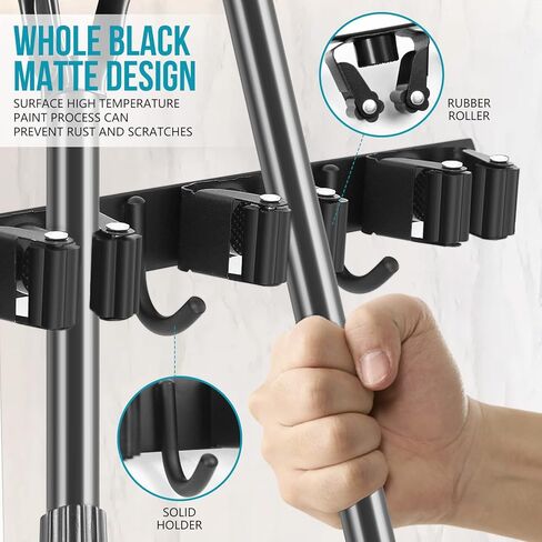 حامل مكنسة يثبت على الحائط ، 5 فتحات 4 خطاطيف أسود ستانلس ستيل مقشة المنظم جدار جبل الممسحة وحامل مكنسة معلق على الحائط الثقيلة ، مكنسة شماعات ذاتية اللصق ، رفوف تخزين المنزل - باب الخزانة in Kuwait
