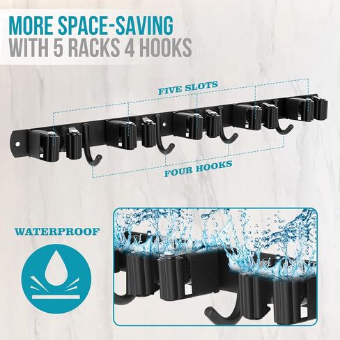 حامل مكنسة يثبت على الحائط ، 5 فتحات 4 خطاطيف أسود ستانلس ستيل مقشة المنظم جدار جبل الممسحة وحامل مكنسة معلق على الحائط الثقيلة ، مكنسة شماعات ذاتية اللصق ، رفوف تخزين المنزل - باب الخزانة in Kuwait