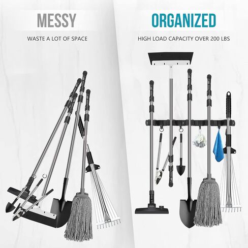 حامل مكنسة يثبت على الحائط ، 5 فتحات 4 خطاطيف أسود ستانلس ستيل مقشة المنظم جدار جبل الممسحة وحامل مكنسة معلق على الحائط الثقيلة ، مكنسة شماعات ذاتية اللصق ، رفوف تخزين المنزل - باب الخزانة in Kuwait