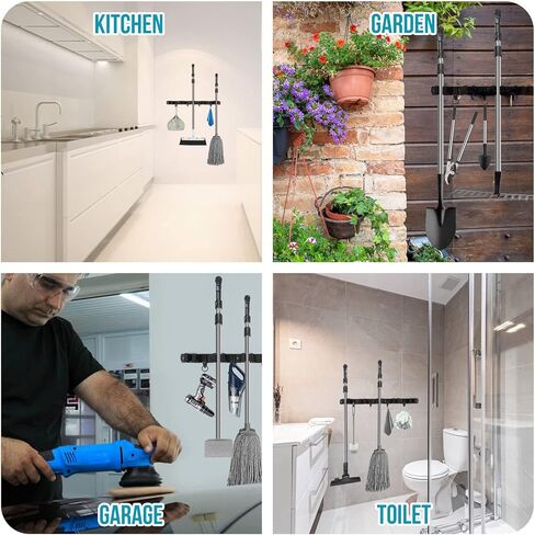 حامل مكنسة يثبت على الحائط ، 5 فتحات 4 خطاطيف أسود ستانلس ستيل مقشة المنظم جدار جبل الممسحة وحامل مكنسة معلق على الحائط الثقيلة ، مكنسة شماعات ذاتية اللصق ، رفوف تخزين المنزل - باب الخزانة in Kuwait