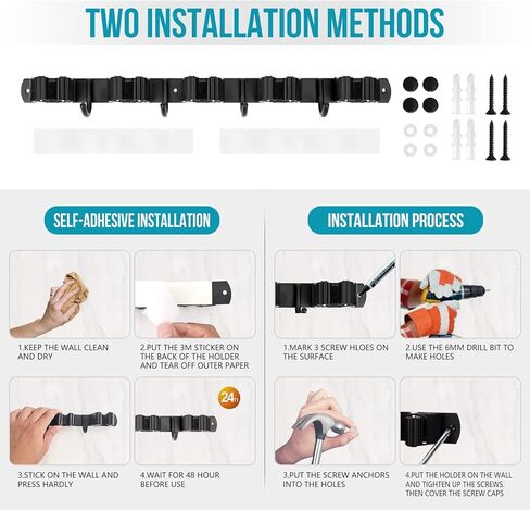 حامل مكنسة يثبت على الحائط ، 5 فتحات 4 خطاطيف أسود ستانلس ستيل مقشة المنظم جدار جبل الممسحة وحامل مكنسة معلق على الحائط الثقيلة ، مكنسة شماعات ذاتية اللصق ، رفوف تخزين المنزل - باب الخزانة in Kuwait