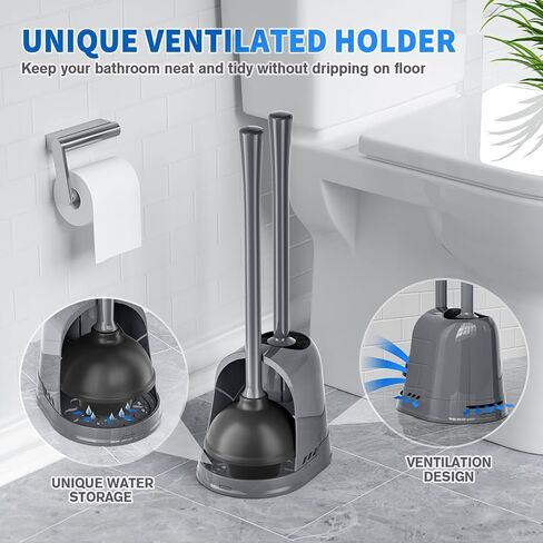 Toilet Plunger and Brush, Bowl Brush and Heavy Duty Toilet Plunger Set with Ventilated Holder, 2-in-1 Toilet Brush and Plunger Combo for Bathroom Cleaning (Black, 1 Set) in Kuwait