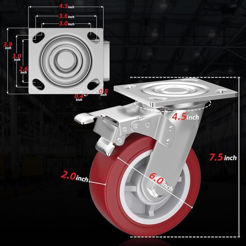 عجلات عجلات مقاس 6 بوصات، مجموعة عجلات مكونة من 4 عجلات شديدة التحمل - عجلات دوارة مع فرامل، عجلات صناعية قفل، عجلات عجلات من البولي يوريثين لا تصدر ضوضاء لأثاث طاولة العمل، السعة الإجمالية 3600 رطل in Kuwait