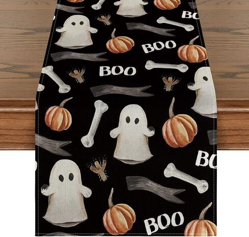 Artoid Mode Watercolor Ghost Pumpkins Bone Boo Table Runner Black, Seasonal Fall Spooky Halloween Holiday Kitchen Dining Table Decoration for Indoor Outdoor Home Party Decor 13 x 90 Inch in Saudi Arabia