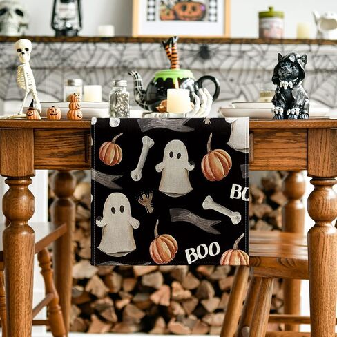 Artoid Mode Watercolor Ghost Pumpkins Bone Boo Table Runner Black, Seasonal Fall Spooky Halloween Holiday Kitchen Dining Table Decoration for Indoor Outdoor Home Party Decor 13 x 90 Inch in Saudi Arabia