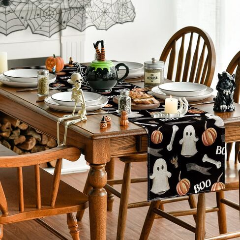 Artoid Mode Watercolor Ghost Pumpkins Bone Boo Table Runner Black, Seasonal Fall Spooky Halloween Holiday Kitchen Dining Table Decoration for Indoor Outdoor Home Party Decor 13 x 90 Inch in Saudi Arabia
