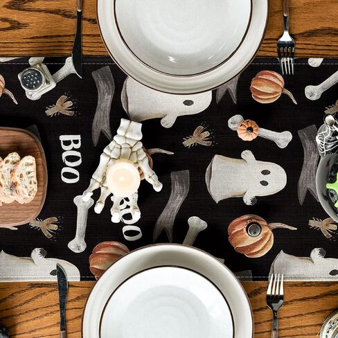 Artoid Mode Watercolor Ghost Pumpkins Bone Boo Table Runner Black, Seasonal Fall Spooky Halloween Holiday Kitchen Dining Table Decoration for Indoor Outdoor Home Party Decor 13 x 90 Inch in Saudi Arabia